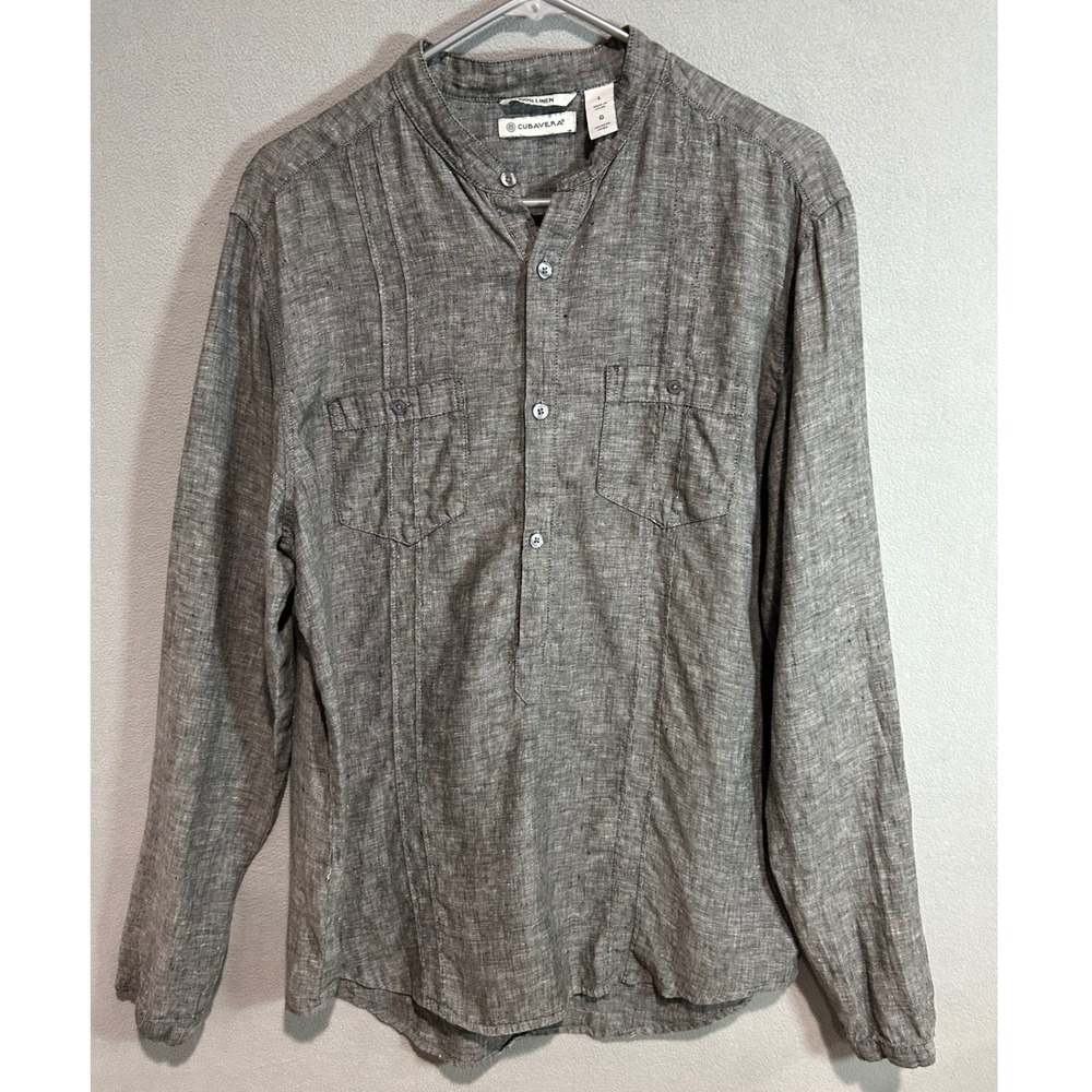 Cubavera Linen Shirt Womens Large Grey Long Sleeve Pocket Neutral Minimalist